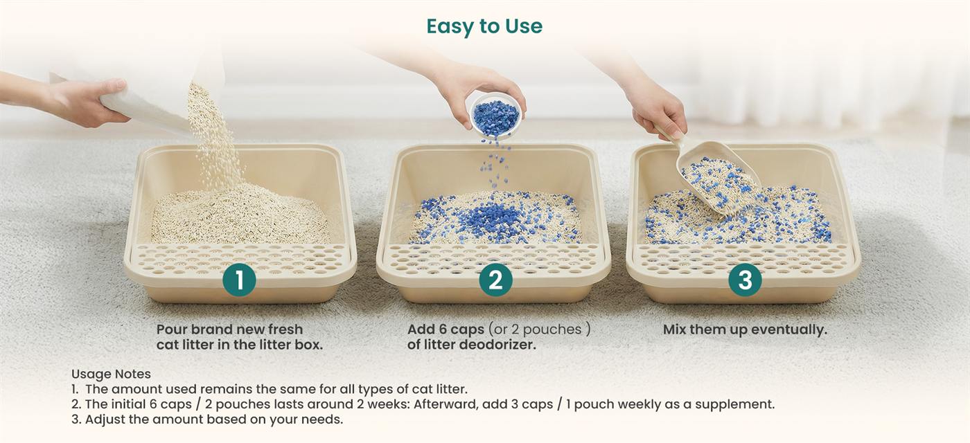 Easy to use: pour litter, add 6 caps or 2 pouches of deodorizer, mix
