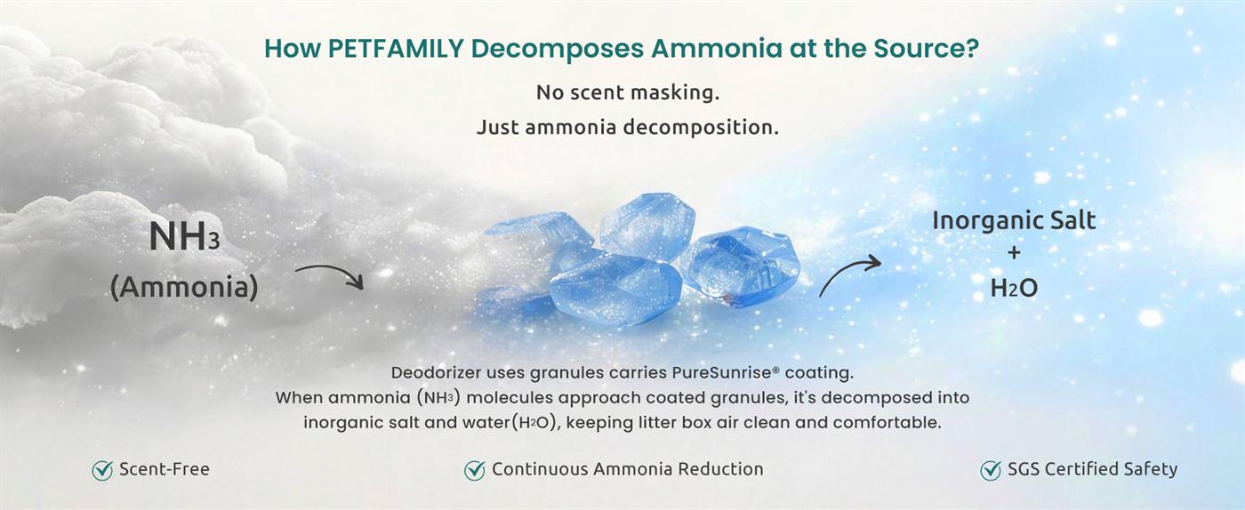 How petfamily decomposes ammonia at the source: NH₃ becomes inorganic salt + H₂O