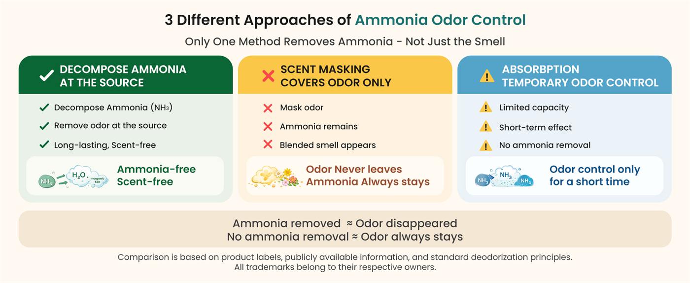 3 different approaches of ammonia odor control: decompose at the source vs scent masking vs absorption